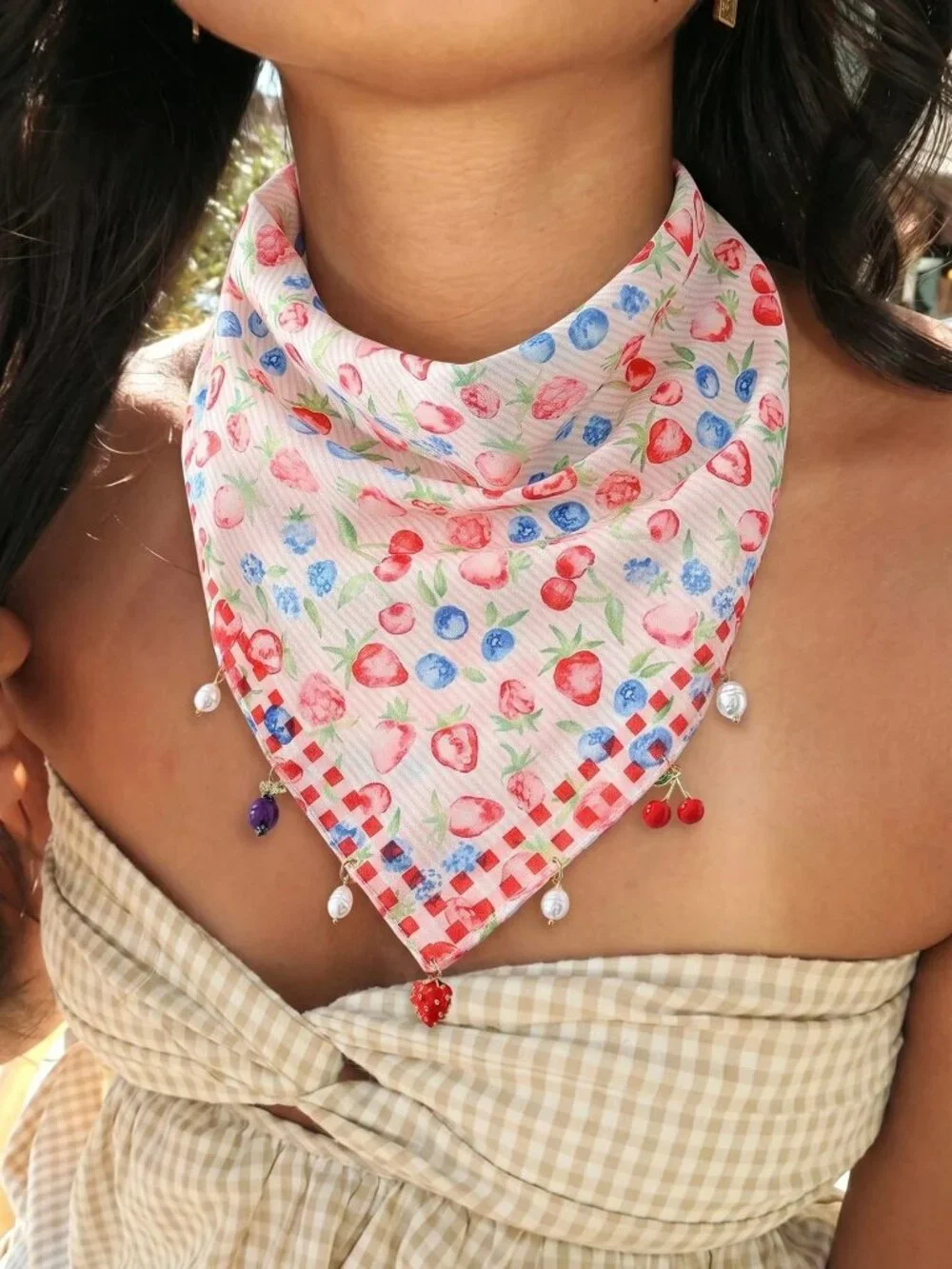 🍓 Strawberry Blueberry Charm Bandana Scarf 🍒 Fruit Print Headscarf